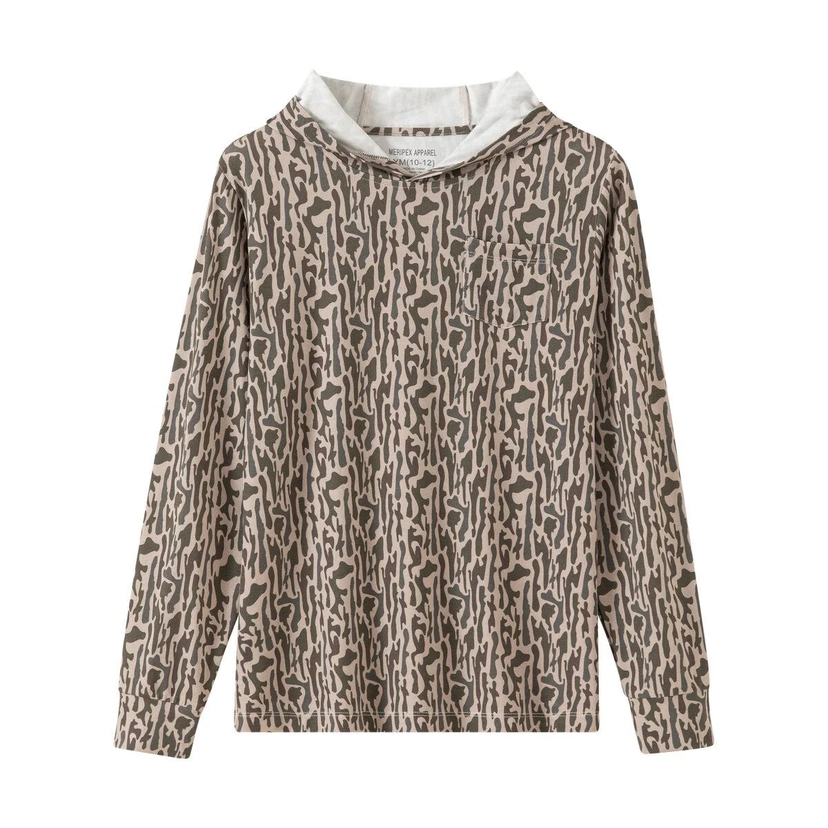 A long-sleeve hooded sweatshirt with an abstract brown and beige pattern, featuring a contrasting light gray hood lining, shown against a plain white background.