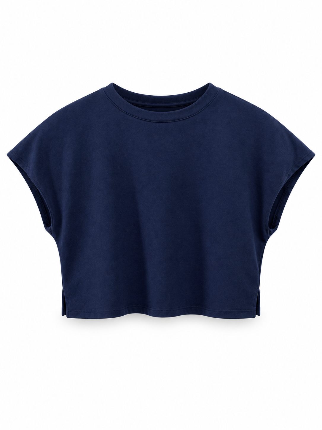 A navy blue cropped t-shirt with short dolman sleeves, shown flat against a plain white background.