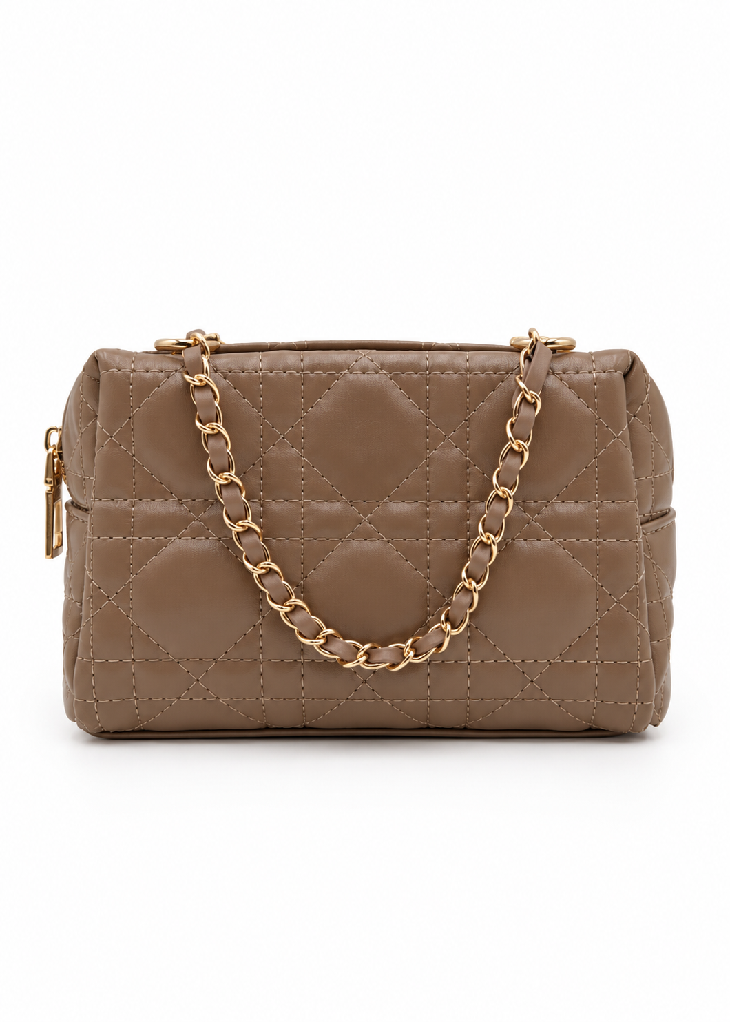 A structured quilted handbag in taupe brown faux leather with a gold-tone chain strap and gold hardware, shown against a plain white background.