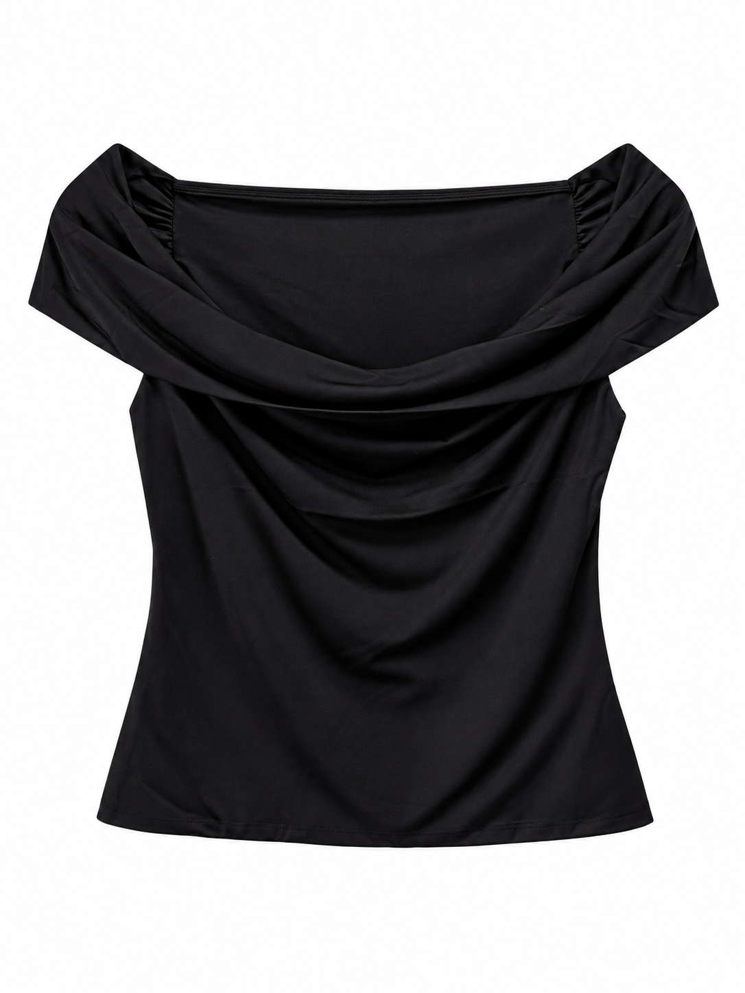 A black off-the-shoulder draped top with a wide neckline and soft folds, shown against a plain white background.