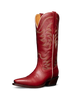 Red cowboy boot with intricate white stitching on a transparent background