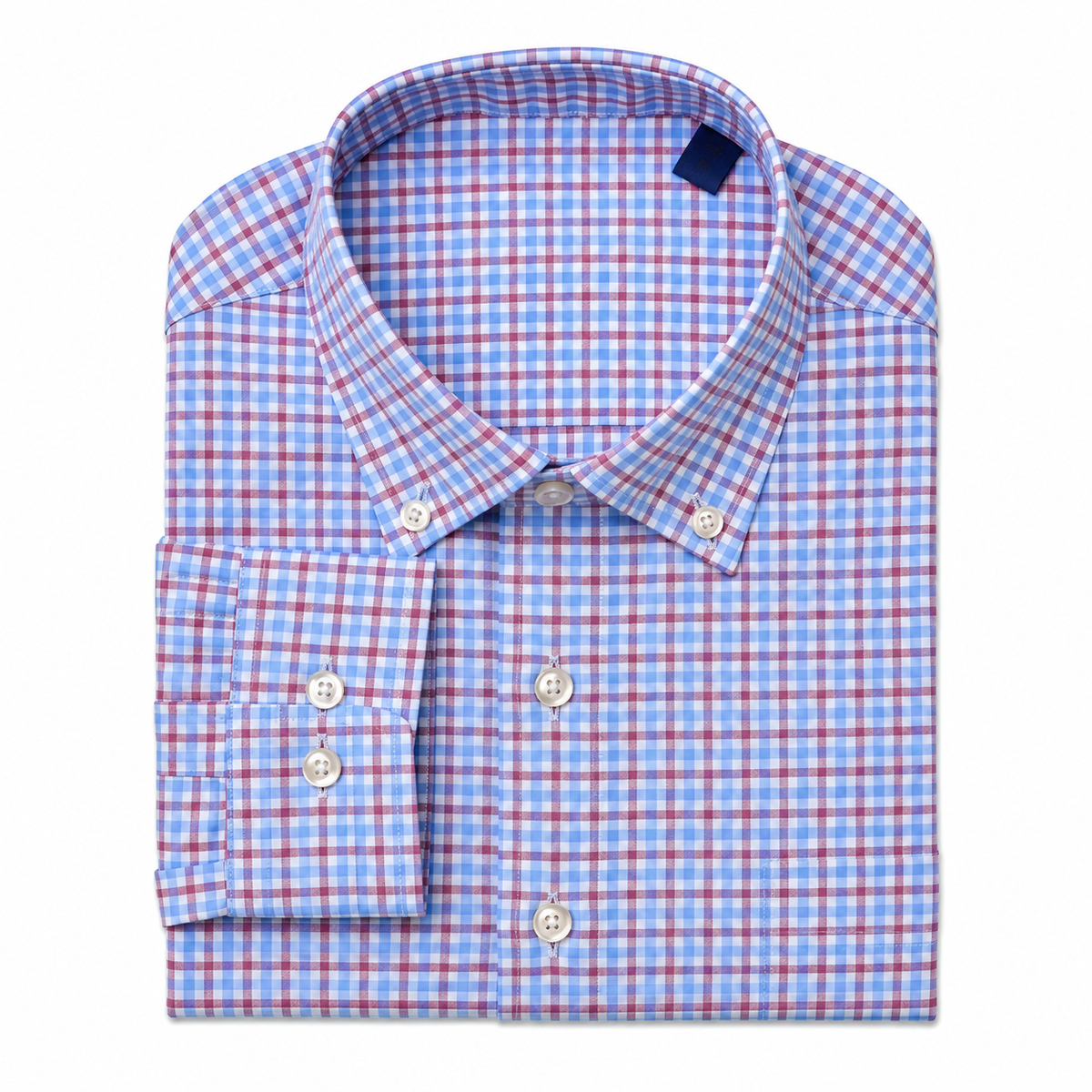 Blue and red checkered button down on white background