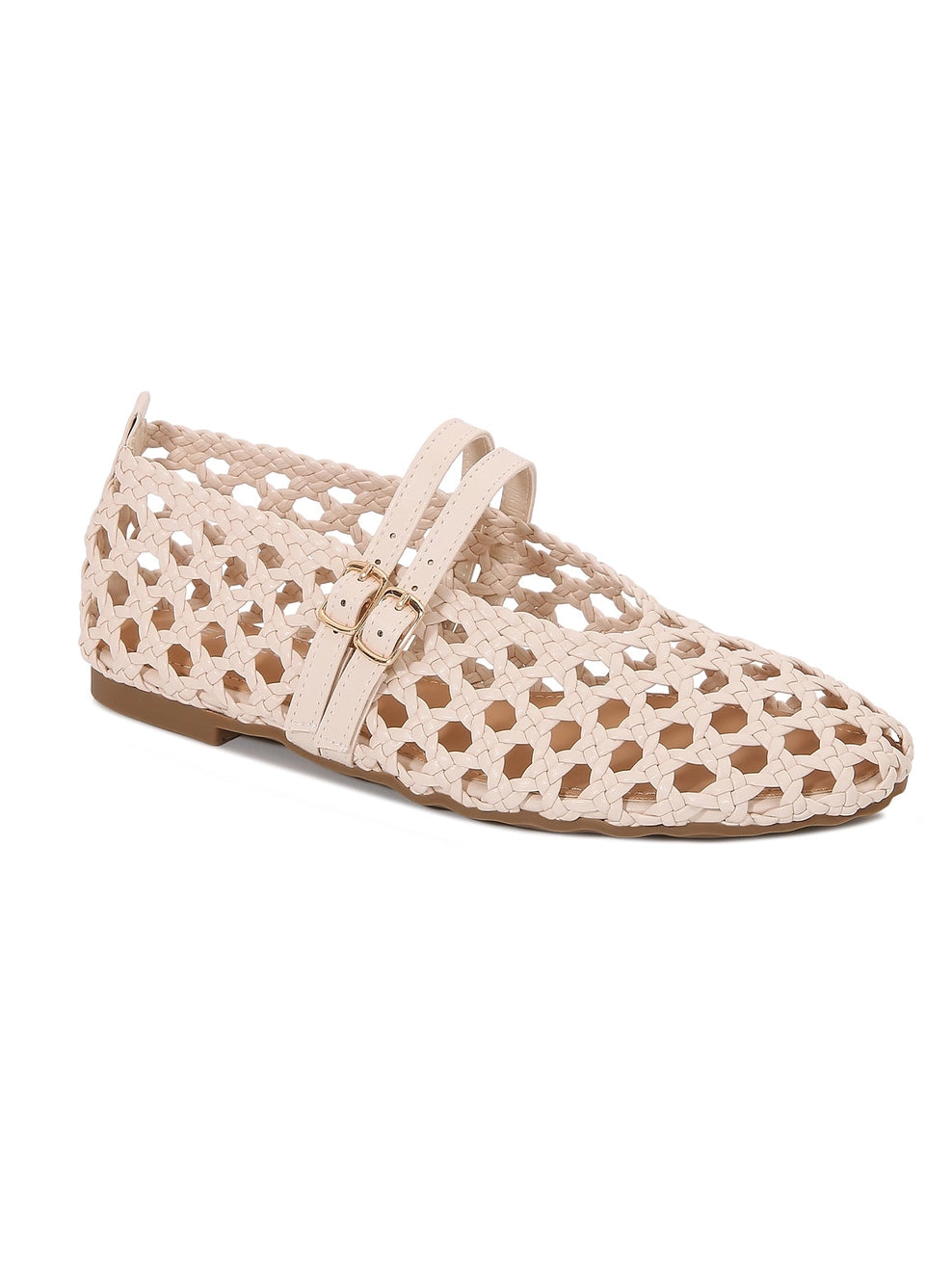 A single beige slip-on woven flat, shown in a side profile against a white background.