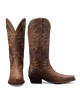 Pair of brown cowboy boots with intricate designs on a white background