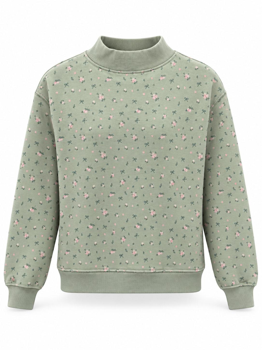 Sage green mock-neck sweatshirt with a delicate pink floral and dark green bow print, long sleeves, and ribbed cuffs and hem, displayed against a white background.