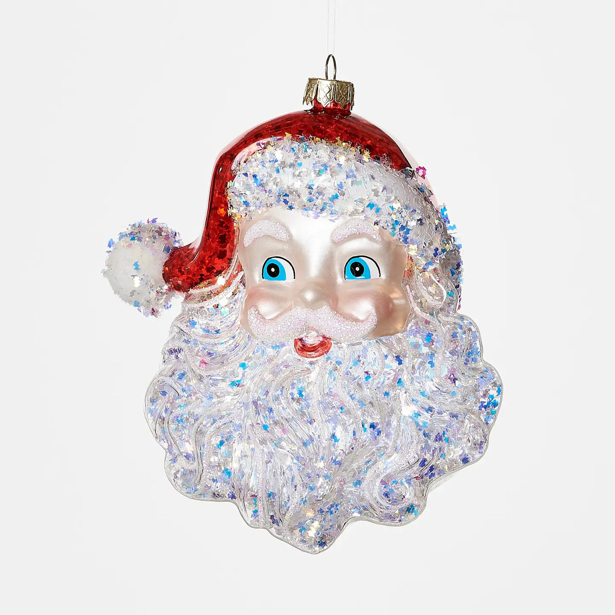 Glass Santa Claus head ornament with glitter details and painted face. 