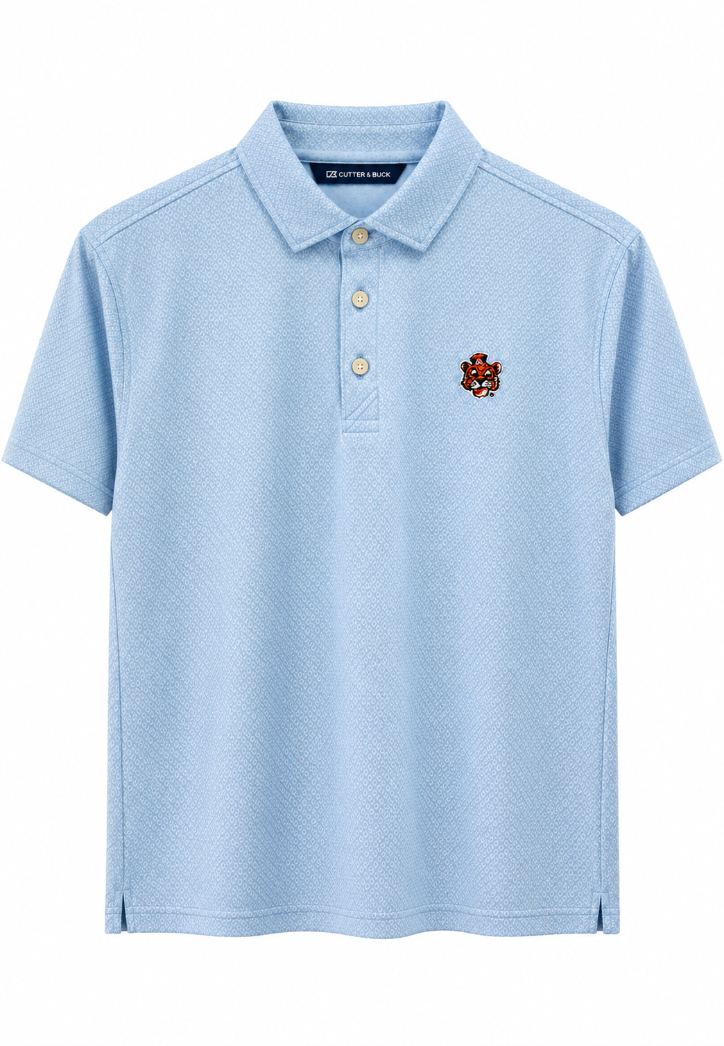 A light blue short-sleeve polo shirt with a three-button placket and a small embroidered crest on the left chest, shown on a plain white background.