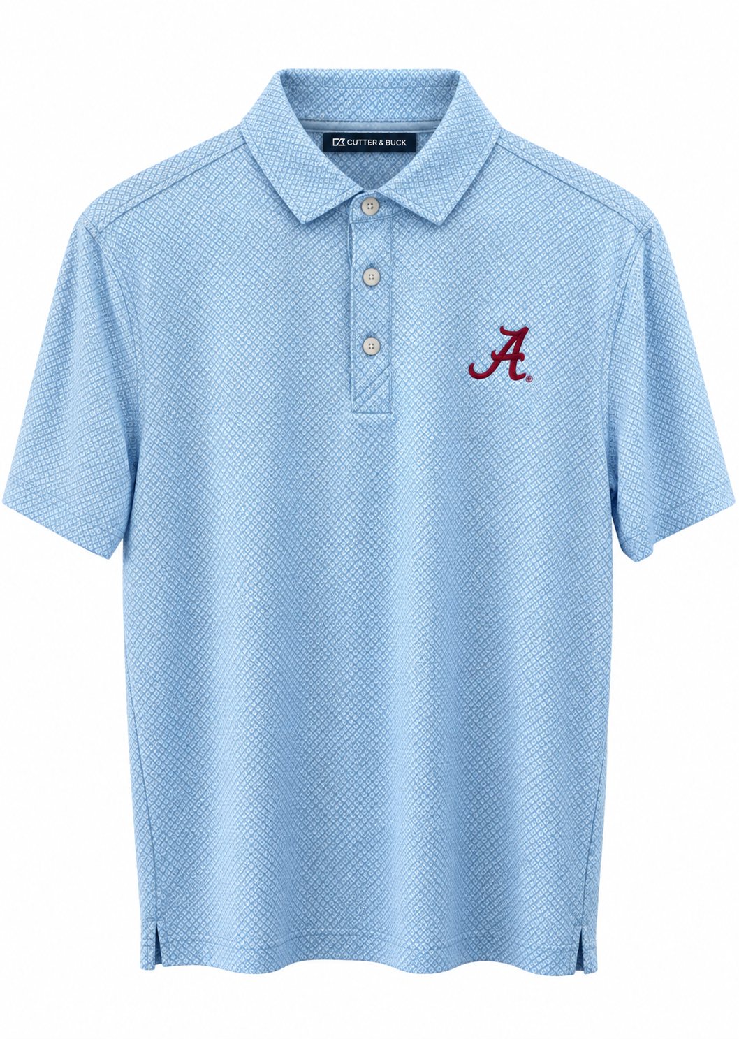 A light blue short-sleeve polo shirt with a textured micro-dot pattern, featuring a three-button placket and a red embroidered 'A' logo on the left chest, displayed on a clean white background.