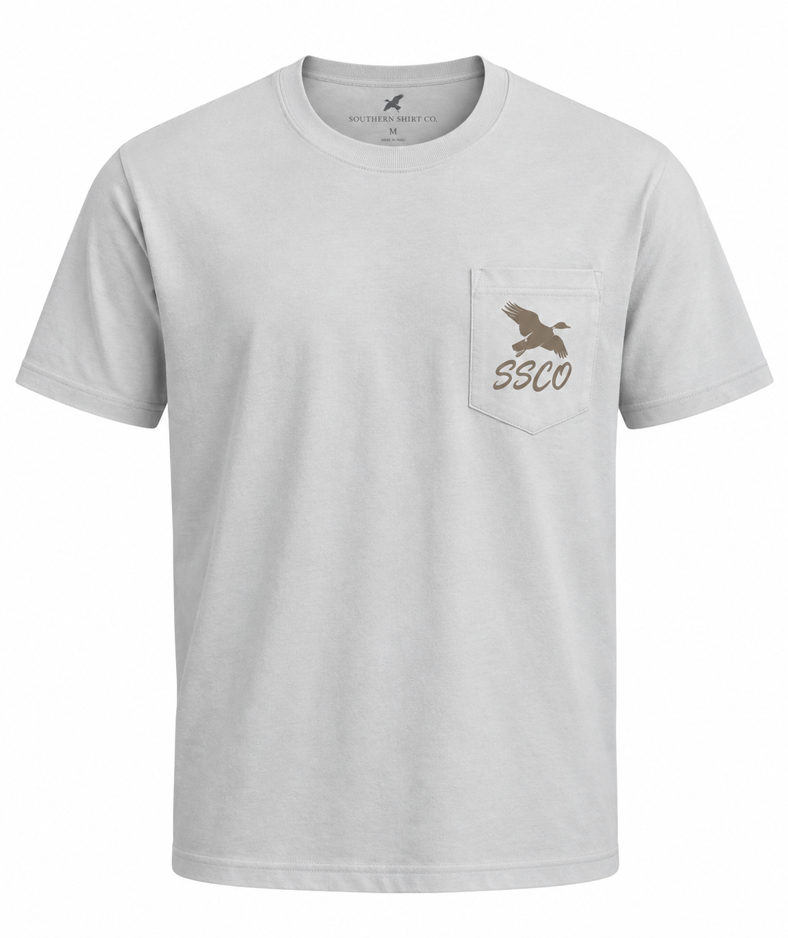 A light gray short-sleeve crewneck pocket t-shirt with a brown embroidered duck logo and 'SSCO' text on the left chest pocket, shown against a plain white background.