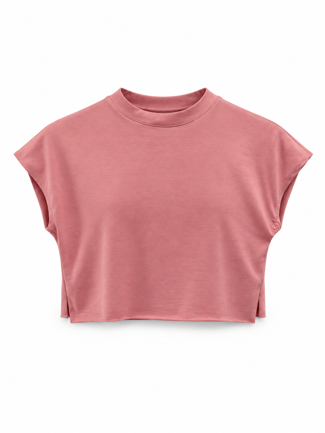 A dusty rose pink cropped t-shirt with cap sleeves, shown flat against a solid white background.