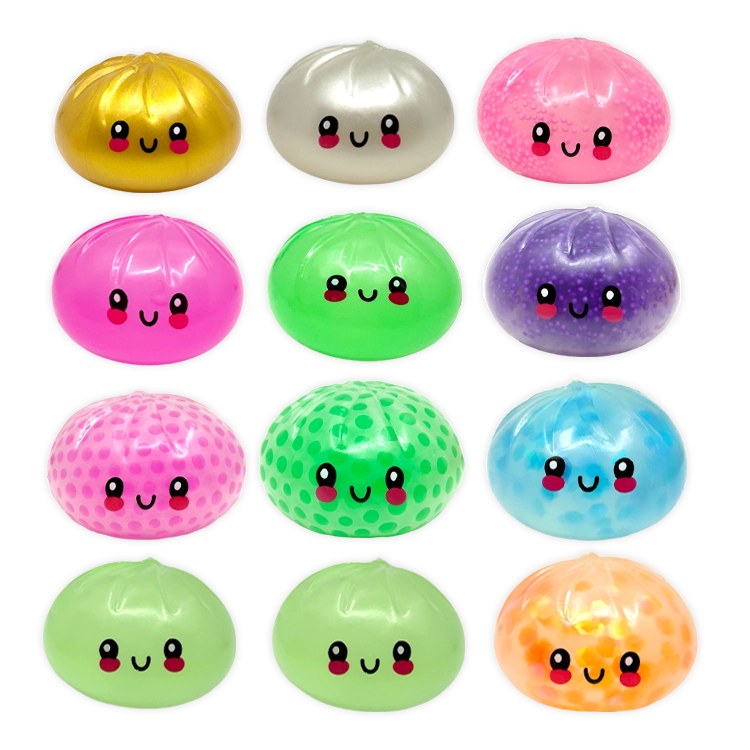 Colorful round toys with smiling faces on a white background