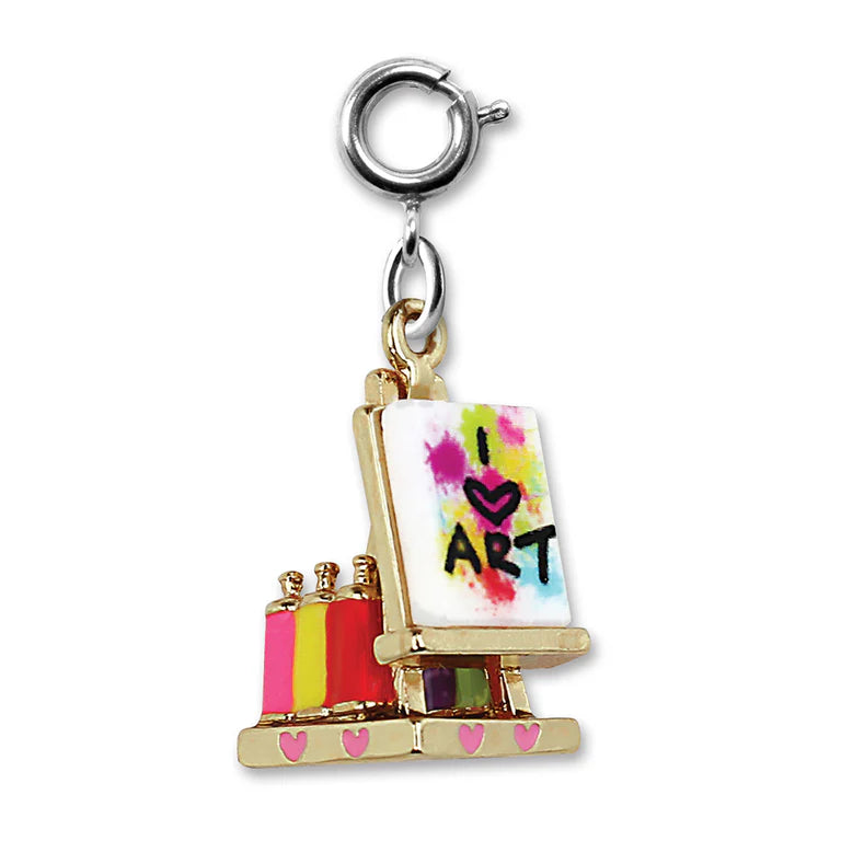 Colorful charm with an easel and 'I love art' text on a white background