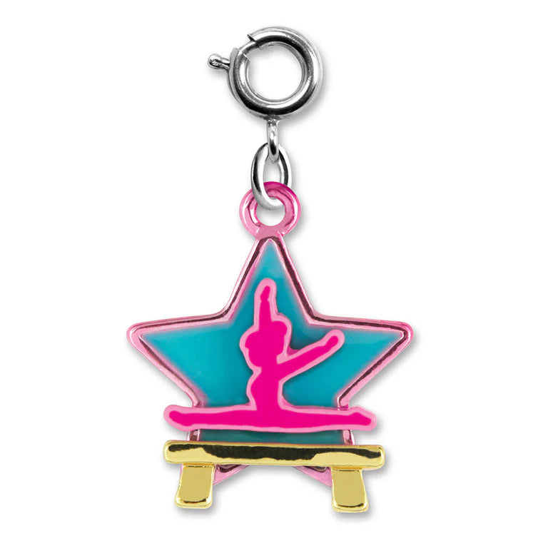 Charms for jewelry with a star-shaped design featuring a gymnast on a balance beam, on a white background.