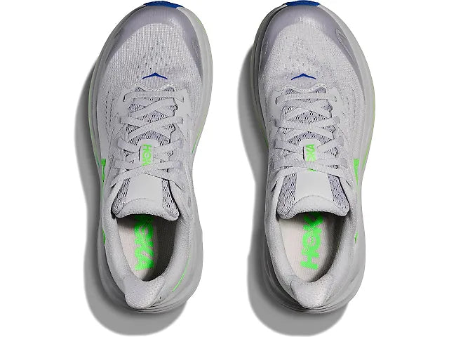 A pair of Hoka running shoes in light gray with bright neon green and blue accents, shown from a top-down view on a white background.