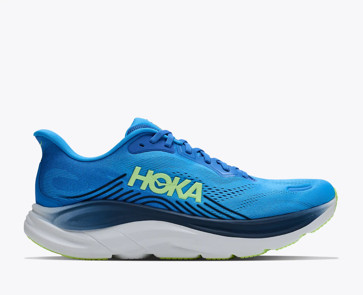 blue sneaker with white sole