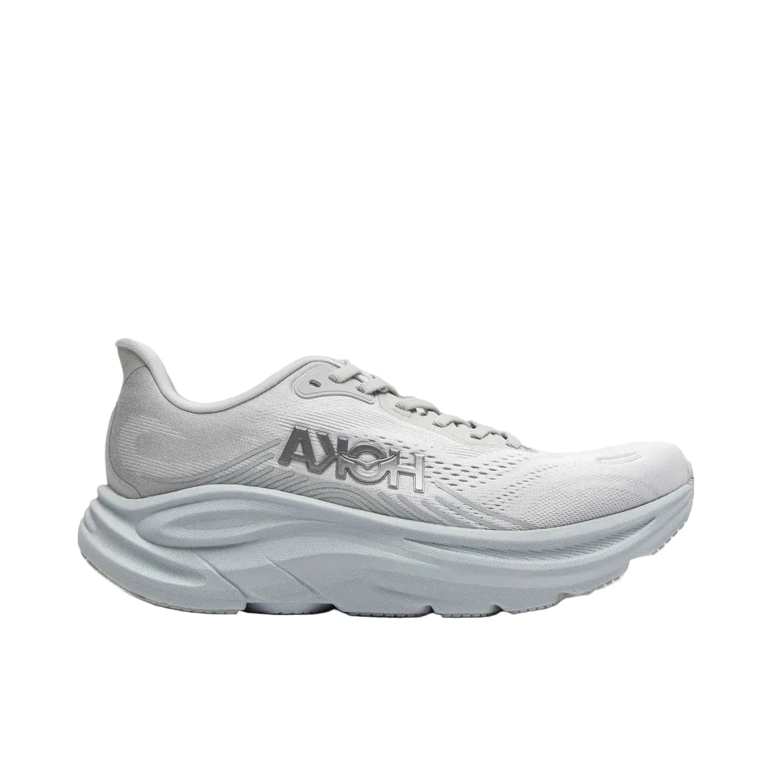 A white Hoka running shoe shown from the side against a light gray background.