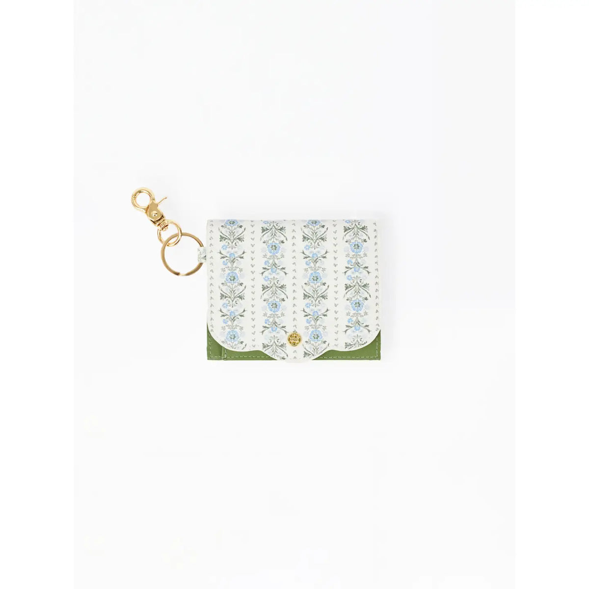 A small white card holder or clutch with a vertical floral pattern in light blue and green, featuring a gold-tone snap button and a matching gold keychain clasp, shown on a plain white background.