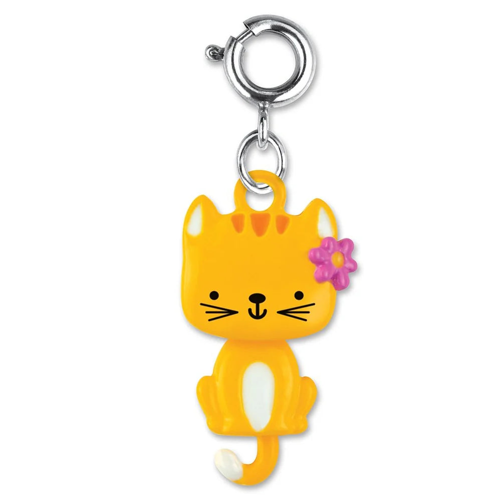 Yellow cat charm with a pink flower on a white background