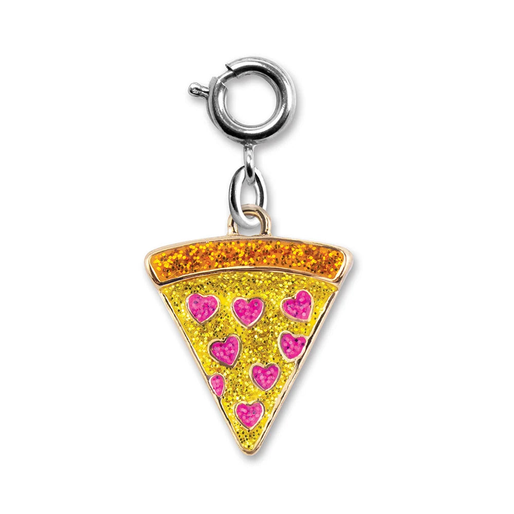 Pizza slice charm with pink heart decorations on a white background