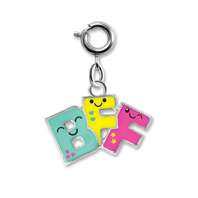 A silver-tone metal charm featuring three smiling capital letters 'B', 'F', and 'E' in mint green, yellow, and pink enamel, attached to a lobster clasp on a white background.