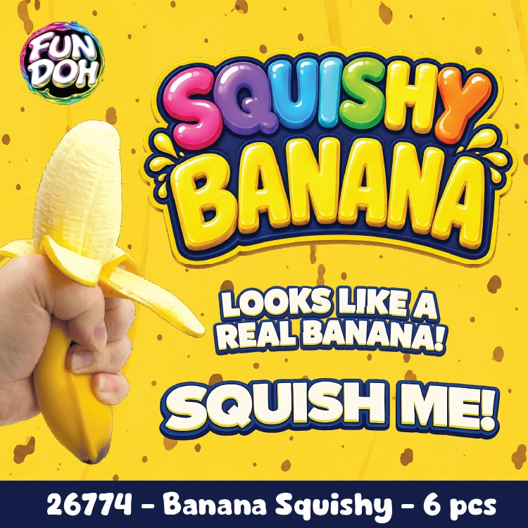 Promotional image of a squishy banana toy with colorful text and Fun Doh branding.