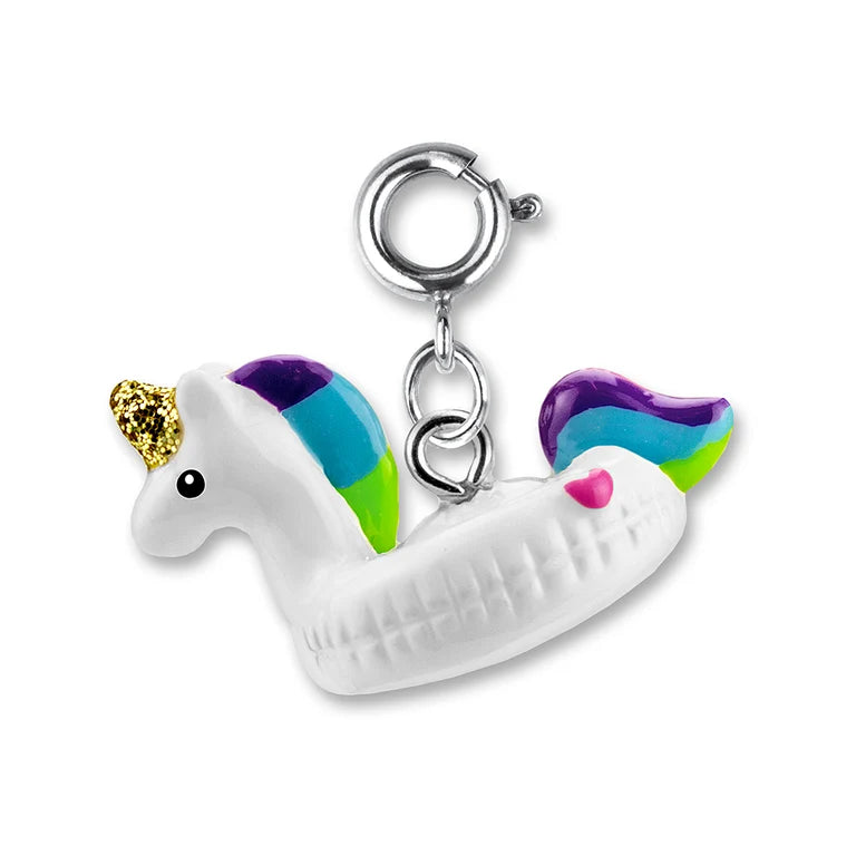 Unicorn-shaped charm with a colorful mane on a white background