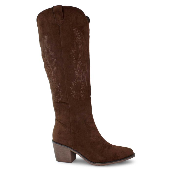 A single dark brown suede cowboy boot with decorative western-style stitching on the shaft, a pointed toe, and a low block heel, shown against a plain white background.