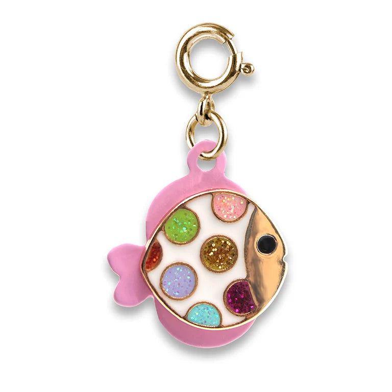 Colorful fish charm with gold accent on a white background