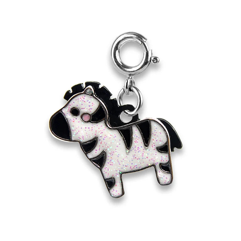 Zebra-shaped charm with glittery texture on a white background