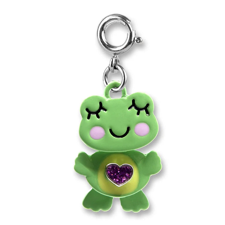 Green frog-shaped charm with a purple heart on a white background