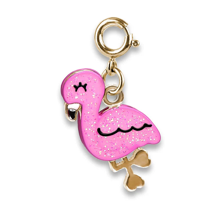Pink flamingo charm with gold accents on a white background