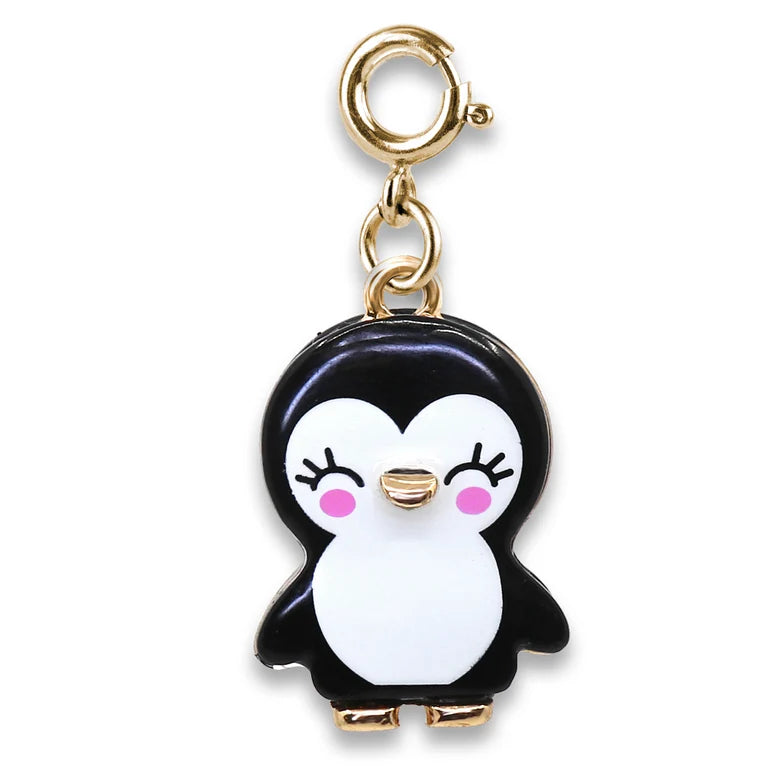 A cute penguin charm keychain with a gold-tone lobster clasp. The penguin features black and white enamel with pink cheeks and closed-eyes detailing.