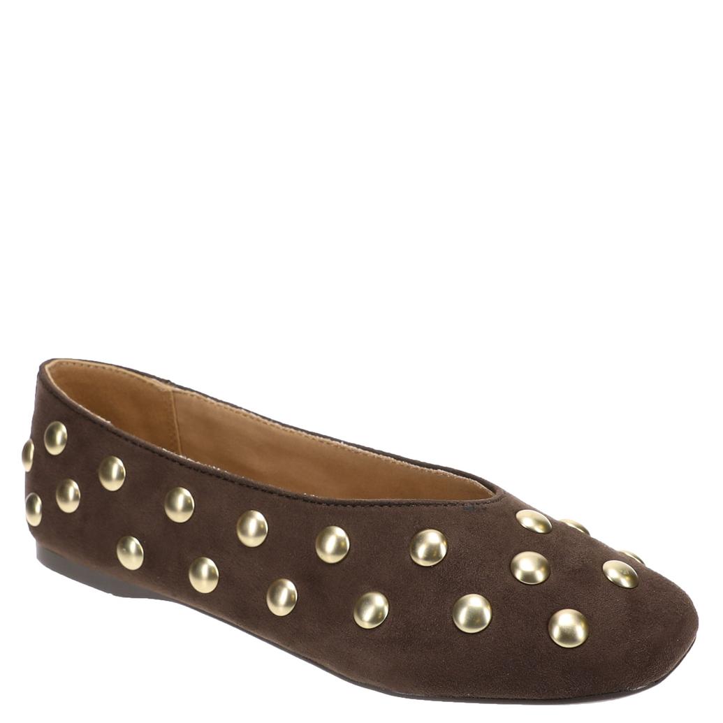 A single brown suede flat shoe decorated with metallic gold studs, shown from a three-quarters angle on a plain white background.