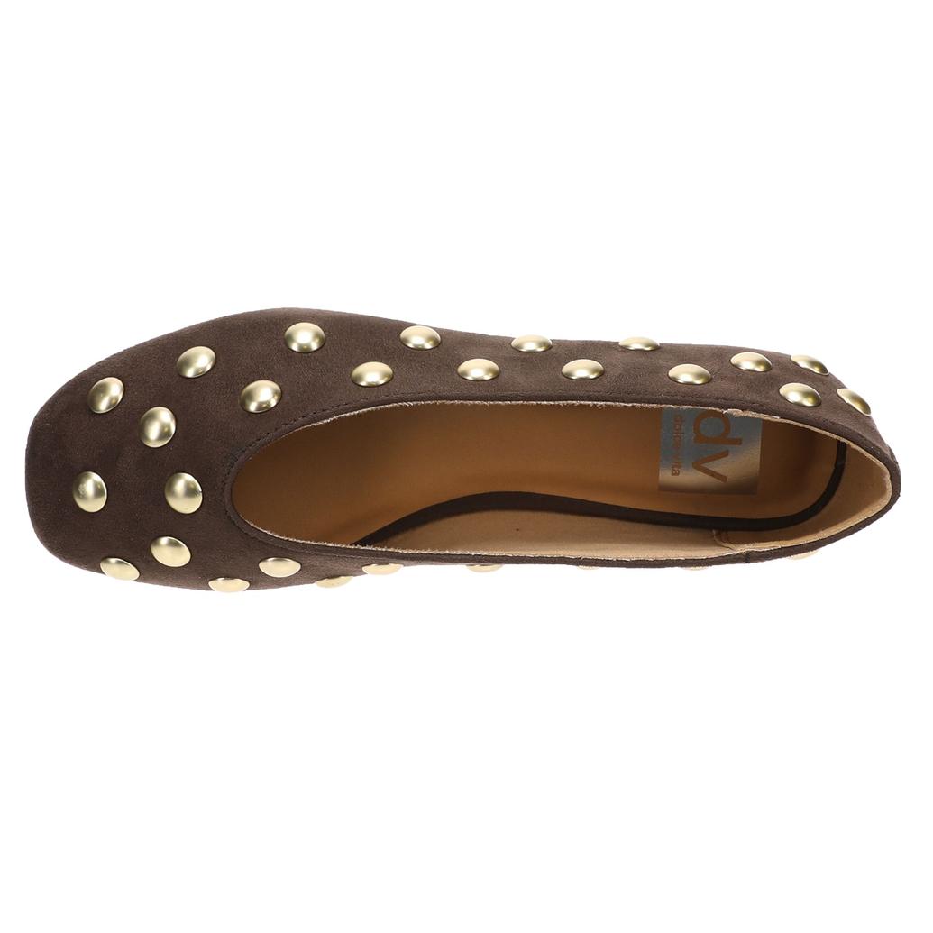 A single brown suede flat shoe decorated with metallic gold studs, shown from a side profile view on a white background.