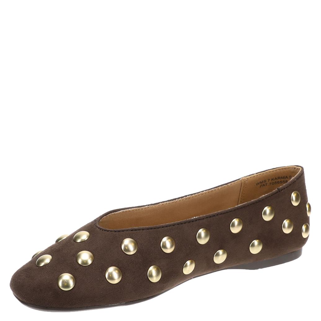 A dark brown suede flat shoe decorated with gold-tone metal studs, shown from a side angle on a plain white background.