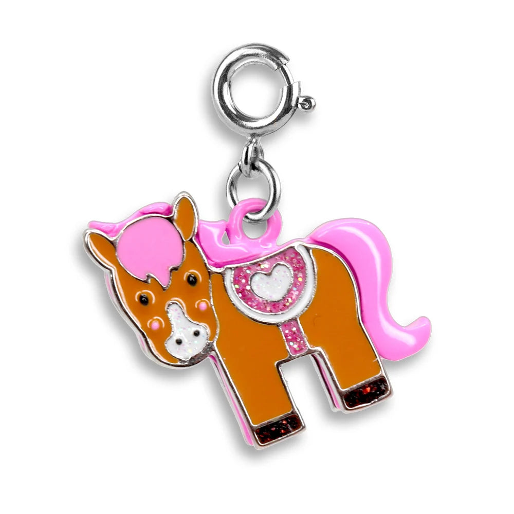 Horse-shaped charm with pink mane and tail on a white background