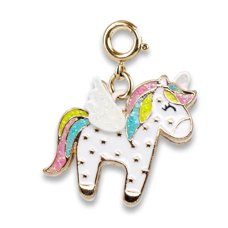 A white winged unicorn charm with a gold-tone metal outline, featuring pastel pink, blue, green, and yellow glittery accents on its mane, tail, and wings, complete with a gold lobster clasp at the top.