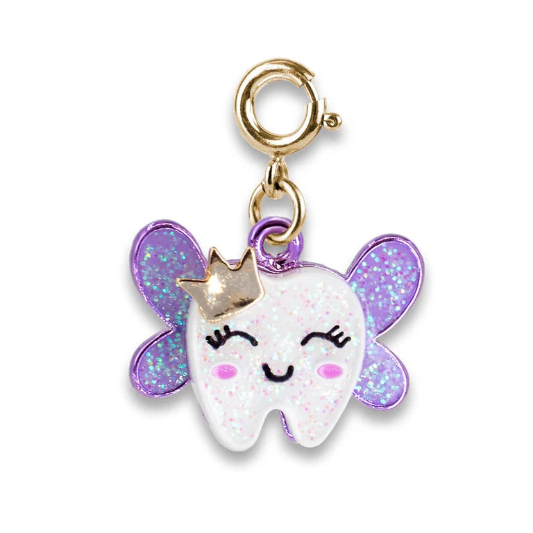 A cute fairy tooth charm with purple glitter wings, a small gold crown, and a gold lobster clasp on a white background.