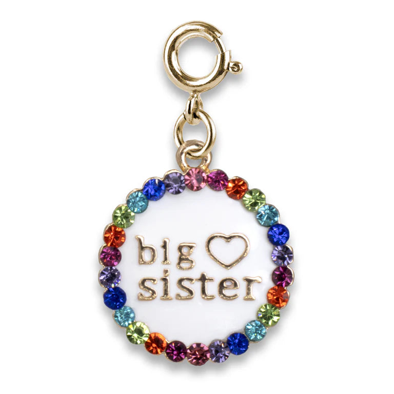 A round white pet tag charm with a gold-tone clasp and border of colorful rhinestones, featuring the text 'big sister' in gold-tone lettering.