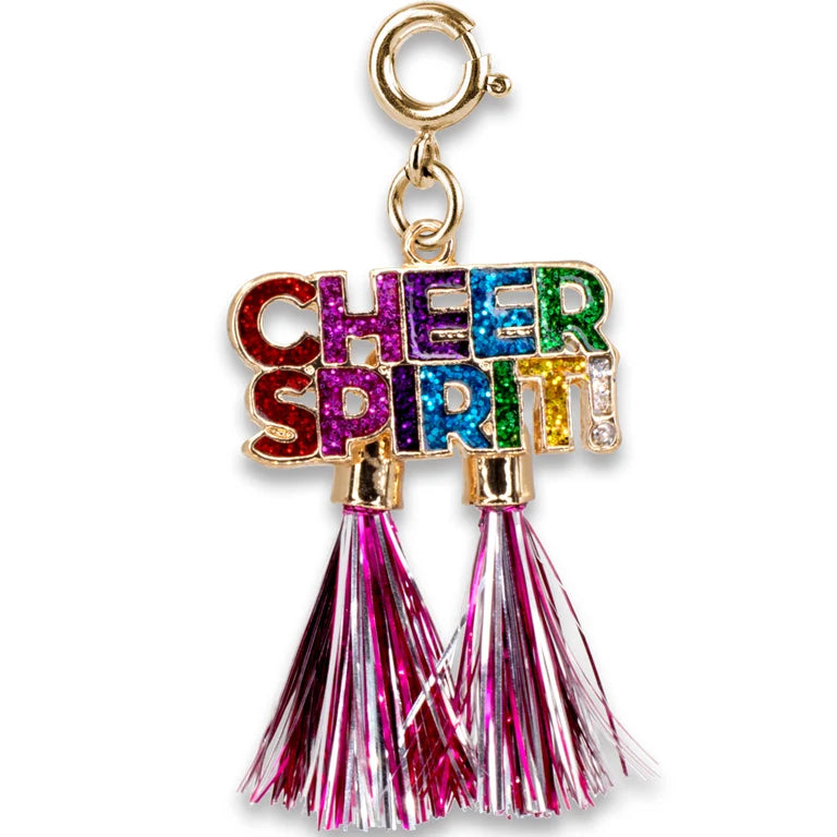 Colorful 'CHEER SPIRIT' tassel charm on a white background