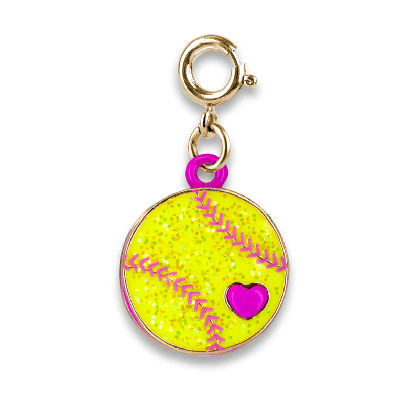 A round softball-themed charm with a gold clasp, featuring a bright yellow glitter background, pink stitched seam details, and a small pink heart, shown on a white background.