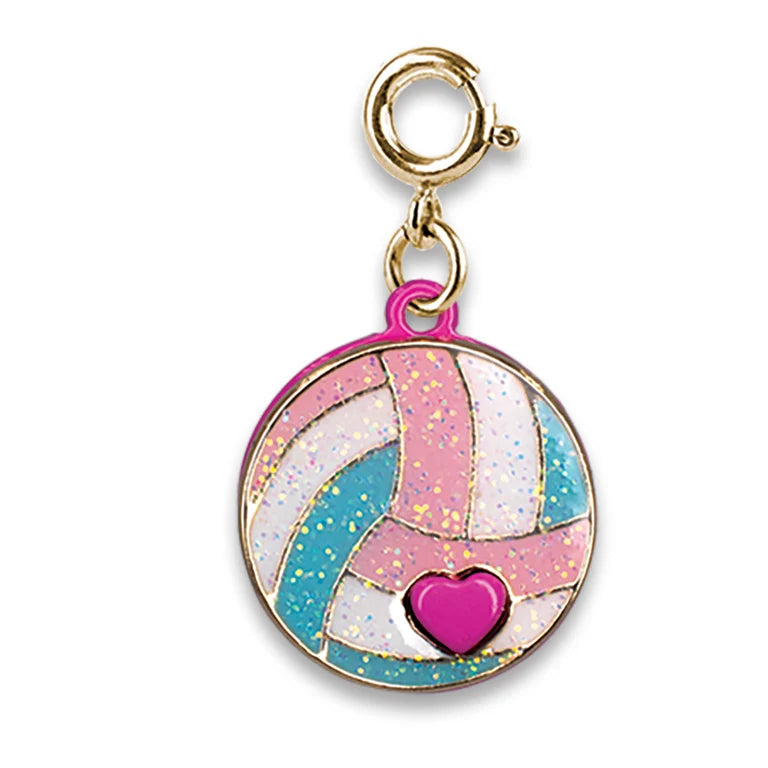 Round charm with pink heart and multicolored design on a white background
