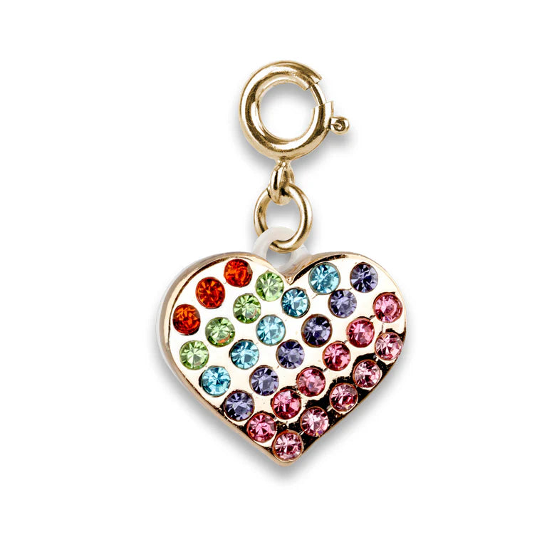 Heart-shaped charm with multicolored stones on a white background