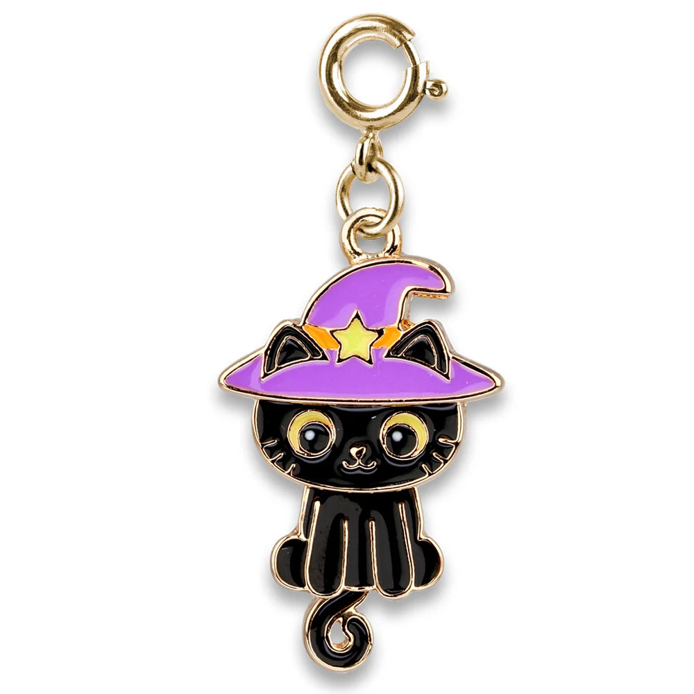 A black cat charm wearing a purple witch hat with a gold star, attached to a gold clasp, shown on a plain white background.