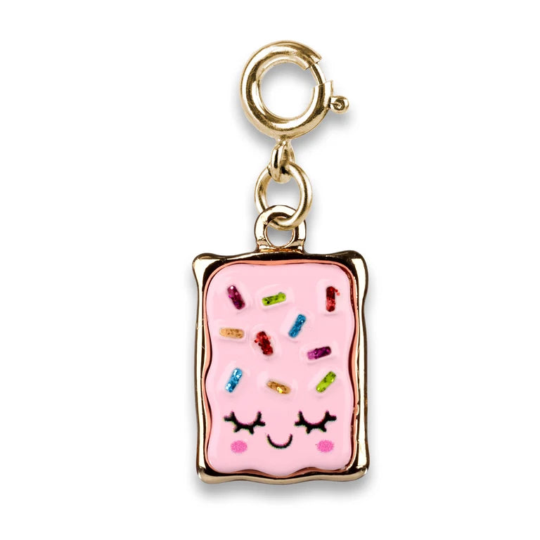 Pink marshmallow charm with rainbow sprinkles on a white background