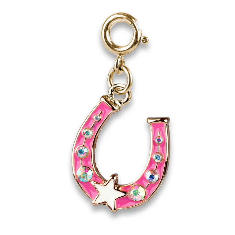 Pink horseshoe charm with gold accents on a white background