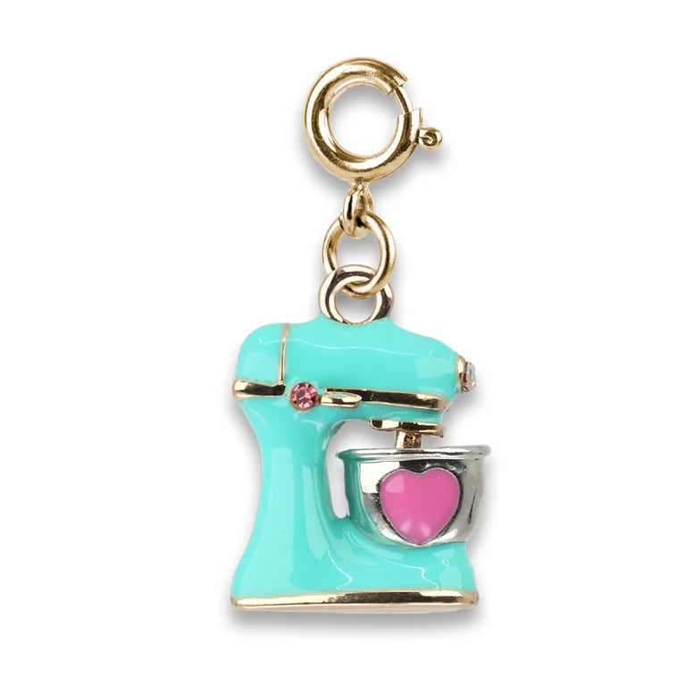Turquoise mixer charm with pink heart on a white background