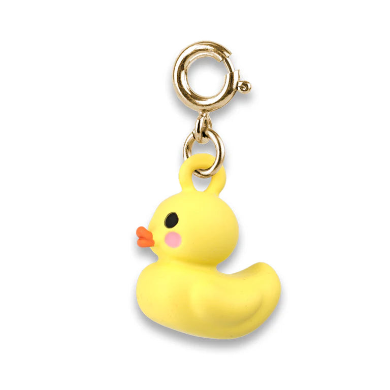 Yellow rubber ducky with pink and orange detailing charm with gold hardware on a white background. 