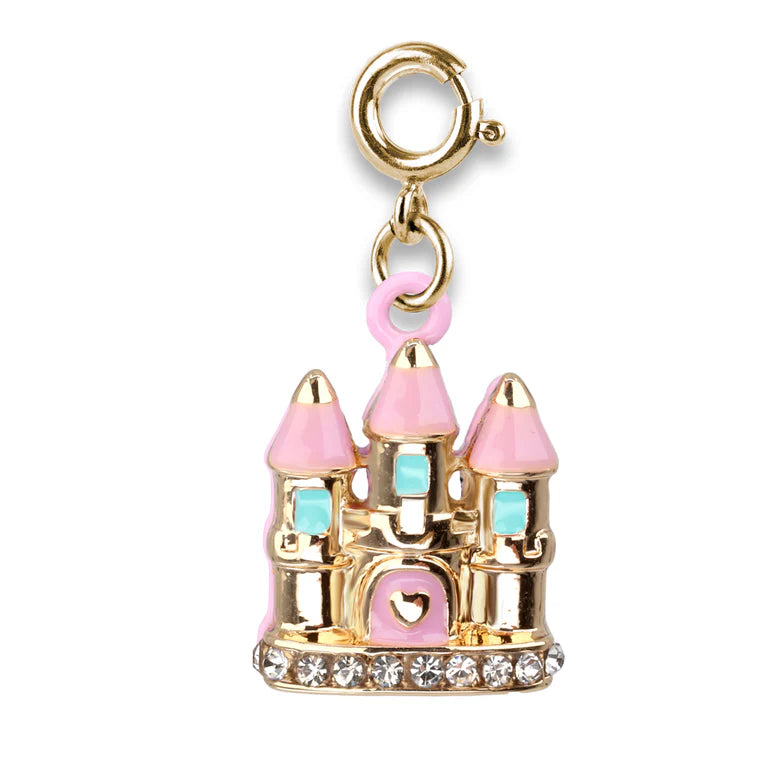 Castle-shaped charm with pink and gold accents on a white background