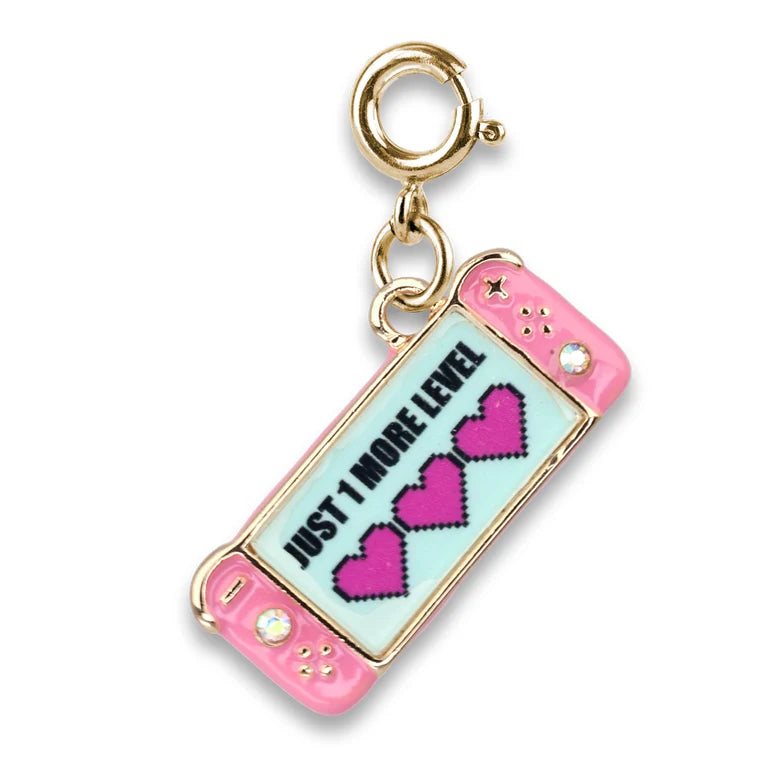 Phone case charm with pink accents and text on a white background